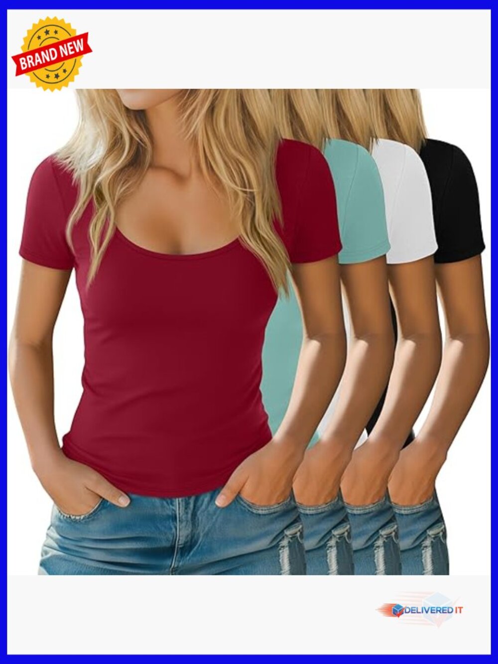 Women's 4 Pack Scoop Neck Short Sleeve Tops Slim Fit Stretchy Basic Tees